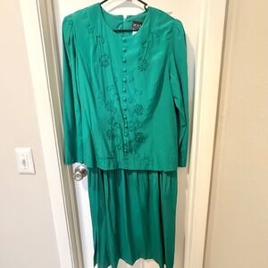 MHM Melissa Harris vintage Green Floral Embroidered Button Front Dress Size 16